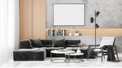 mock up poster frame in modern interior background, living room, Contemprorary style, 3D render, 3D illustration