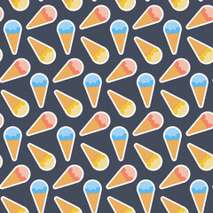 Pink blue scoop of sorbet ice cream in a waffle cone on a dark background for design