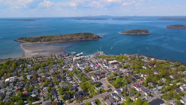 Bar Harbor historic town center on Main Street and Bar Island in Frenchman Bay aerial view, Bar Harbor, Maine ME, USA. 