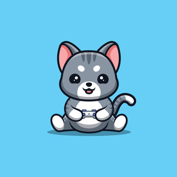 Domestic Cat Sitting Gaming Cute Creative Kawaii Cartoon Mascot Logo
