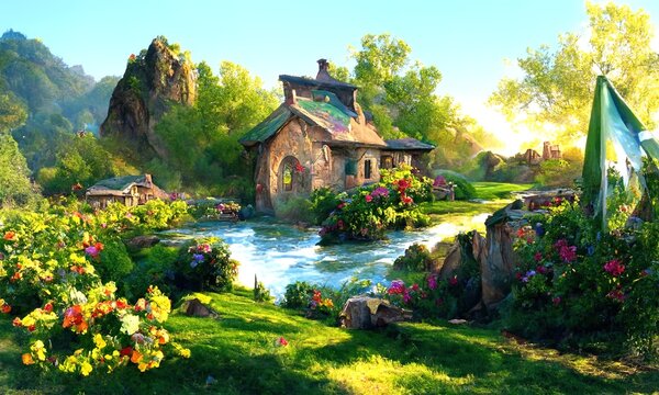 Beautiful summer landscape. Rural scene under blue sky. Green meadow, trees, flowers and river. Fantasy wallpaper. Digital painting iluustration.