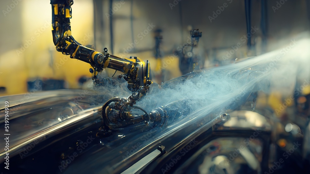 Poster the welding arm on production line is being welded. the process of welding with a robotic arm, the c