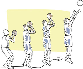 Continuous Line Art Vector: Basketball Jump Shot, long shot, three pointer, perfect shooting pose, basketball slow motion shooting