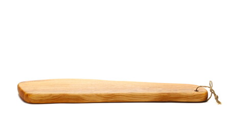 Wooden chopping board from olive wood isolated on white, side view  