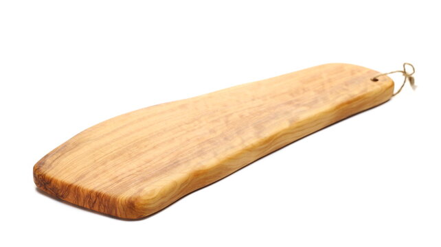 Wooden chopping board from olive wood isolated on white, side view  