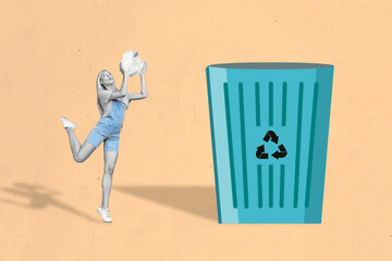 Photo cartoon comics sketch picture of funny lady throwing paper ball big huge trashbin isolated...
