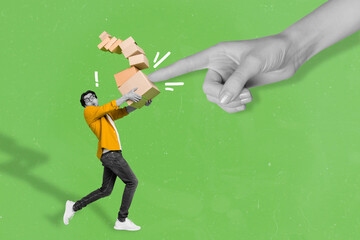 Photo cartoon comics sketch picture of huge palm pilling boxes carrying guy isolated green drawing...