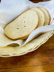 Slices of white bread in wicker basket
