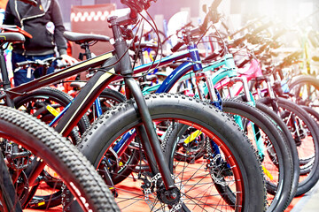 Modern mountain bikes in shop