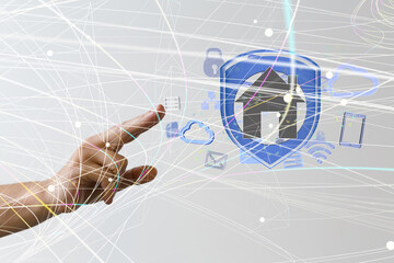 home iot - Neural network 3D illustration. Big data and cybersecurity