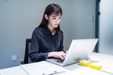 Working business women in conference rooms with black shirts and skirts