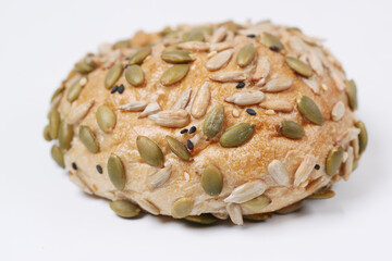 detail shot of sunflower seed baked bread on table 