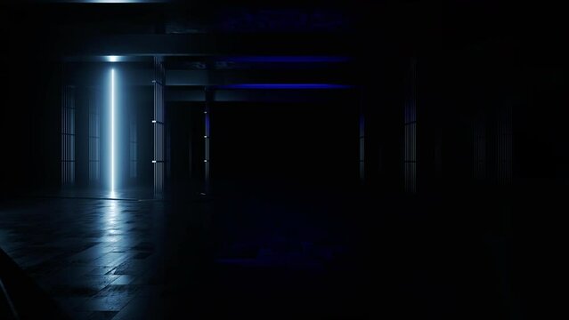 Dolly Camera Sci Fi Futuristic Neon Lights Flickering Dark Realistic Tunnel Corridor Grunge Concrete Cement  Cyber Warehouse Hangar Underground Bunker Showroom Club Stage Basement 3D Render Animation