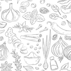 Spices and herbs seamless pattern. Vector hand drawn kitchen herbs with vanilla, anise, ginger, cinnamon, curry, basil, garlic, pepper, rosemary. Popular indian spices in doodle style for menu, print