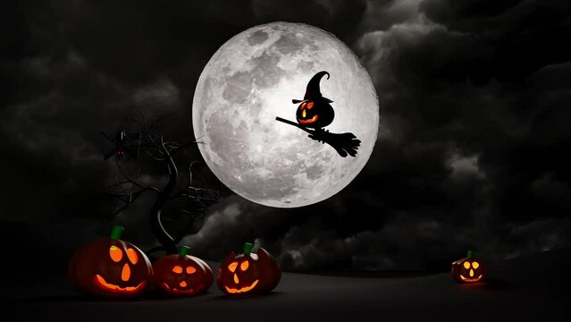 3d halloween pumpkin holiday party with full moon, flying bats, Pumpkins talk to each other, candle light in pumpkin, witch pointed hat, broom under the moonlight for happy halloween, 3d animation