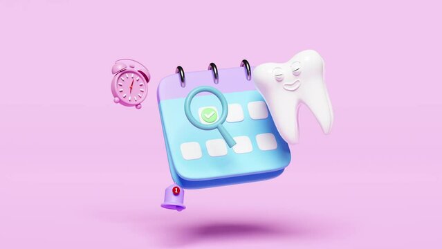 3d animation calendar with dental molar teeth model, clock, checkmark icons, marked date, notification bell isolated on pink. health of white teeth, dental examination of the dentist, 3d render