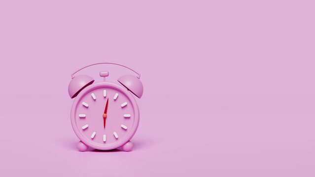 3d cartoon character pink alarm clock wake-up time morning with space isolated on pink background. minimal design concept, 3d render illustration