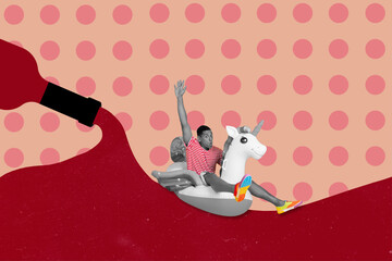 Creative abstract template graphics image of funny funky guy riding unicorn matras red wine river...