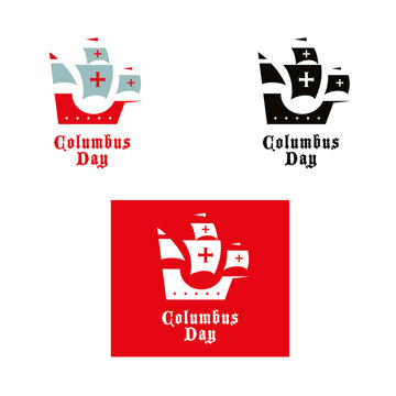 Columbus Day - national American holiday, sign or logotype for a greeting card. Ship, boat of Christopher Columbus.