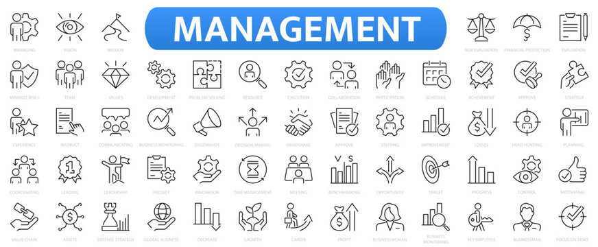 Management Line Icon Set. Business And Management Collection. Manager, Teamwork, Strategy, Marketing, Business, Planning.