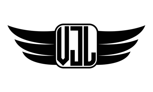 VJL three Letter wing minimalist creative concept icon eagle symbol professional black and white logo design, Vector template