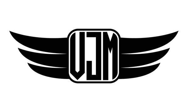 VJM three Letter wing minimalist creative concept icon eagle symbol professional black and white logo design, Vector template