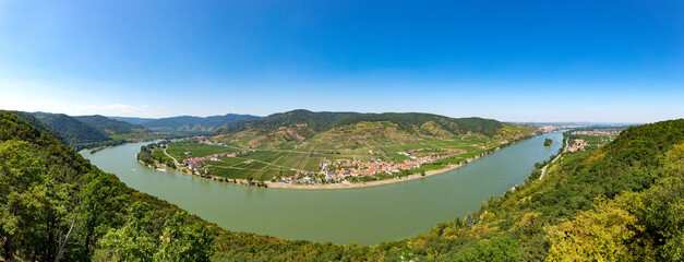 Panorama of Wachau valley with Danube river and vineyards. Lower Austria.