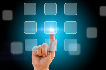 Technology abstract background with person hand touching button on virtual screen with copy-space, innovation, network, banking, big data and internet concept.