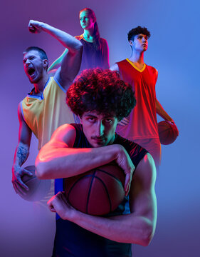 Composite image with young different sportsmen, soccer, football, volleyball and basketball players over purple background in neon light.