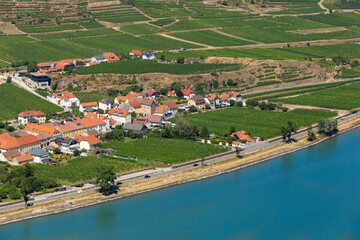 Fototapeta premium Wachau valley (Unesco World Heritage Site) with turist ship on Danube river near Krems town in Lower Austria.