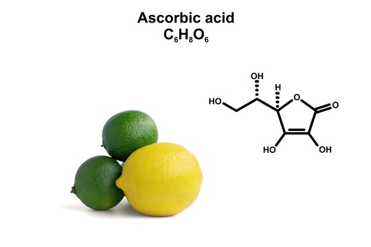 Lemon and limes and the structural formula of ascorbic acid.