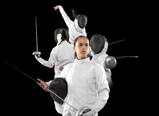 Young girl, fencer in fencing costume with sword in hand isolated on black background Sport, youth,...