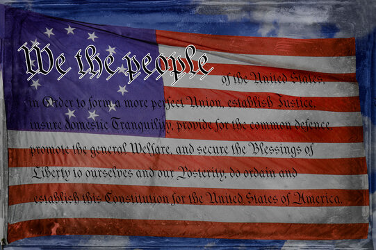 US Constitution with Betsy Ross 13-star Flag Background