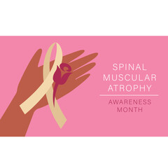 A horizontal image with an ivory ribbon and a pink rose. Spinal muscular atrophy awareness month.
