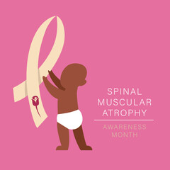 A square vector image with a baby and spinal muscular atrophy symbols. SMA awareness month,