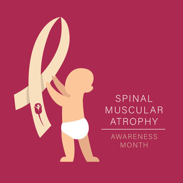 A square vector image with a baby and spinal muscular atrophy symbols. SMA awareness month,