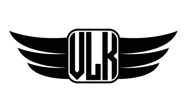VLK three Letter wing minimalist creative concept icon eagle symbol professional black and white logo design, Vector template