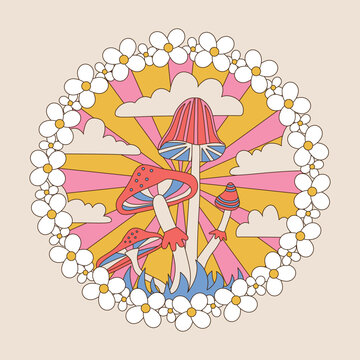 Retro hippie badge with cute groovy daisy flowers, sunbeam and mushrooms isolated on a pastel background. Trendy hand drawn vector graphic illustration in style 70s, 80s.