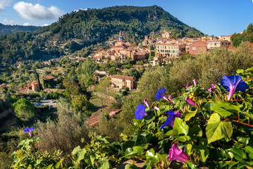View of the famous Valldemossa village and Carthusian Monastery architecture on the Balearic island...