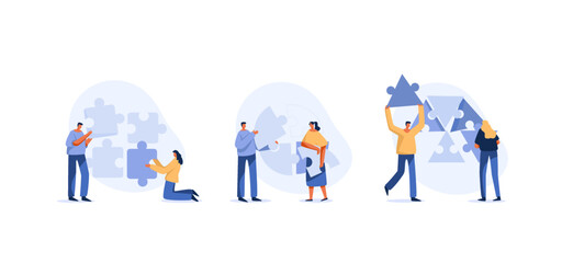 Business people working together and connecting separated puzzle pieces. Vector illustration