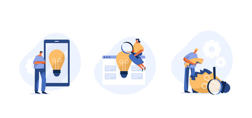 Ideas and finding inspiration. Creating new innovations for business or researching knowledge. Flat Character with Light Bulb.