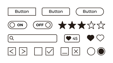 Flat and simple line web and app icon set. Buttons, stars, hearts.