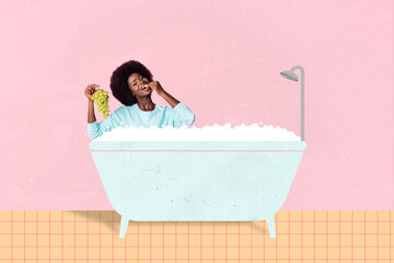 Composite collage portrait of cheerful positive girl sitting foam bath eat green grape chilling...