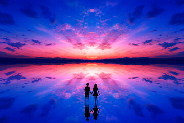 Obraz na płótnie Canvas 朝焼けとカップルのシルエット。鏡のような湖面に空が映り込ん夜明けの湖。
