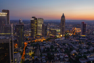 The skyline of Frankfurt Am Main and the fair tower("Bleistift") in the dawn.