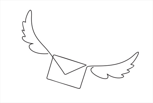 recommend clip art: Flying envelope in continuous line art drawing style. Letter with wings minimalist black linear design isolated on white background. Vector illustration