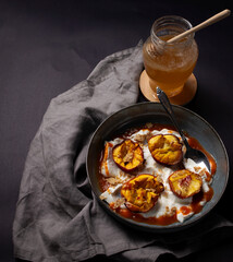 potatoes with mushrooms,cooking peaches, fruit and honey, fruit dessert, diet dessert, diet dishes, light fruit dessert