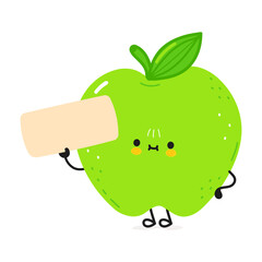 Cute funny green apple character with poster. Vector hand drawn cartoon kawaii character illustration icon. Isolated on white background. Green apple character concept