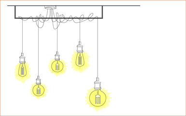 One line drawing of modern loft style chandelier with pendant lamps with Edison bulbs. Continuous line drawing of shining lightbulbs in doodle style. Horizontal vector illustration with place for text © Volha