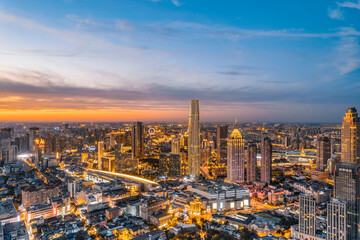 Fototapeta premium Night aerial shot of Tianjin city